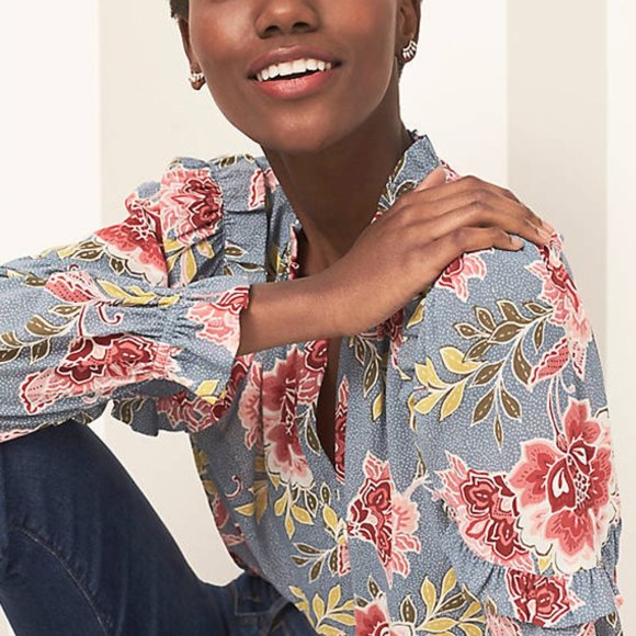 Loft | 'Garden Floral' Ruffle Sleeve Tie-Neck Blouse - Picture 6 of 7